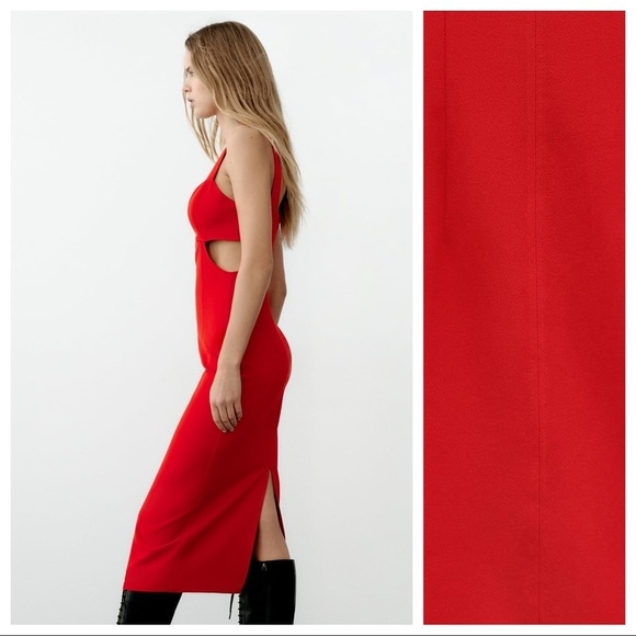 NWT. Zara Red Strappy Cut Out Midi Dress with V-neckline. Size S. - Picture 4 of 11